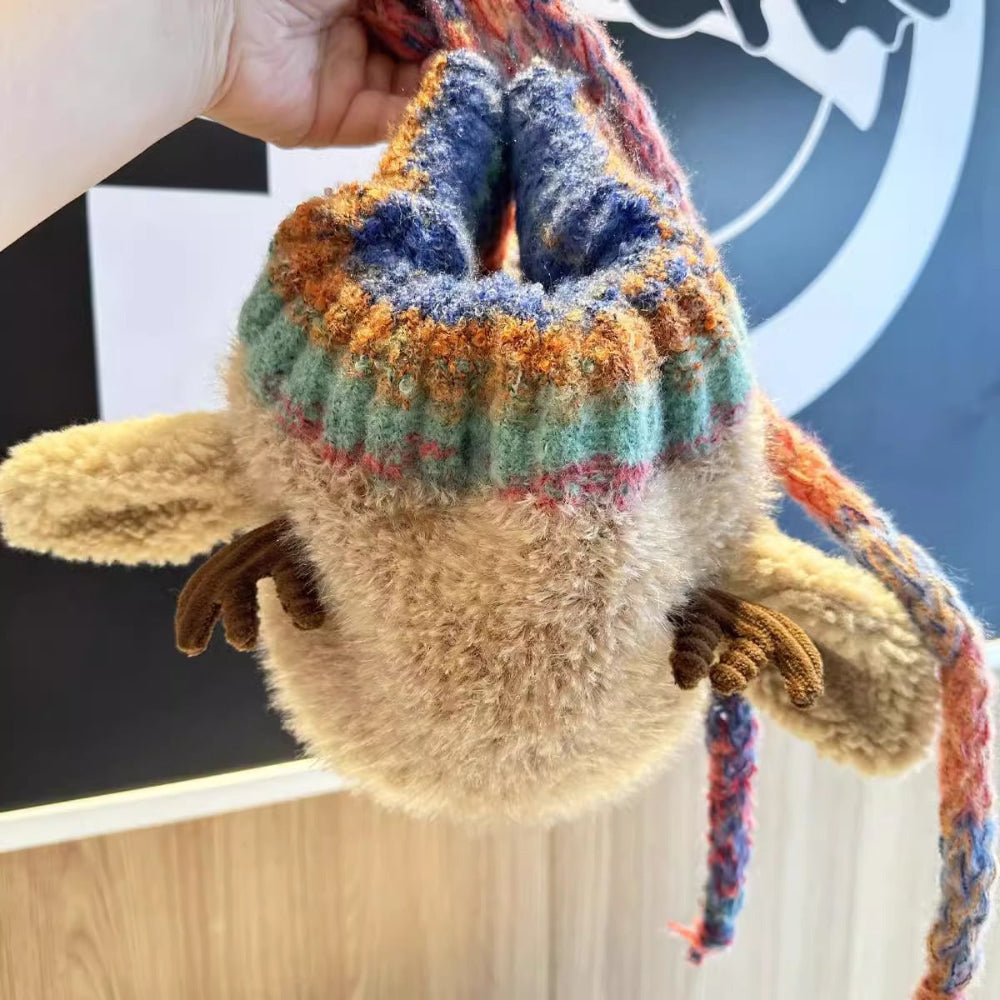 Beanie Hat Knit Reindeer with Ear Flaps and Braided Ties in Three Colors