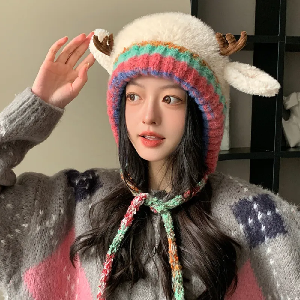 Beanie Hat Knit Reindeer with Ear Flaps and Braided Ties in Three Colors