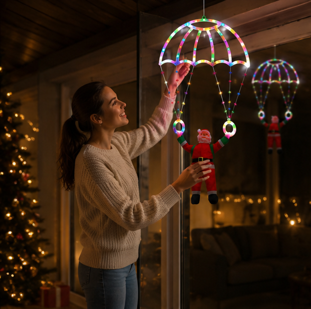 Christmas Lights Santa Parachute Window Hanging with Lantern String