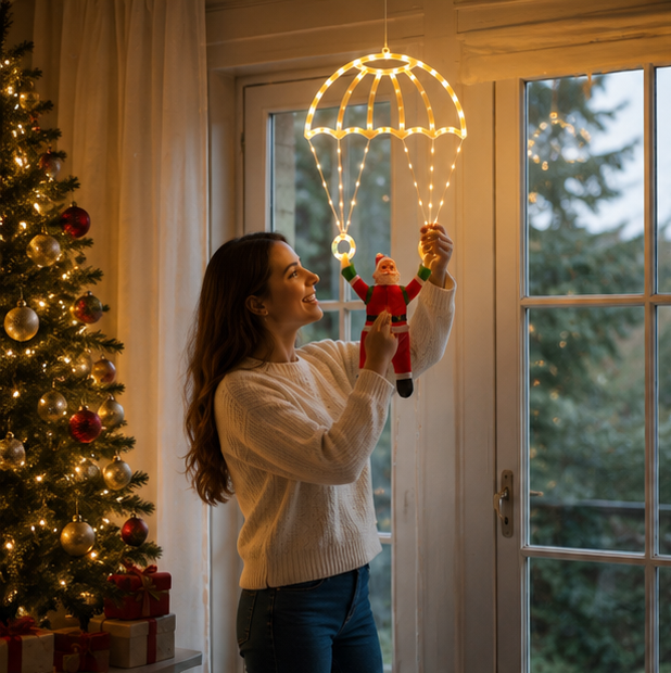 Christmas Lights Santa Parachute Window Hanging with Lantern String