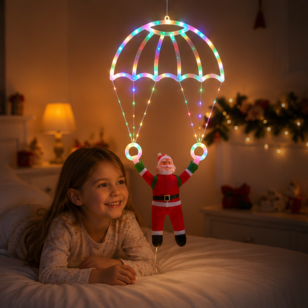 Christmas Lights Santa Parachute Window Hanging with Lantern String