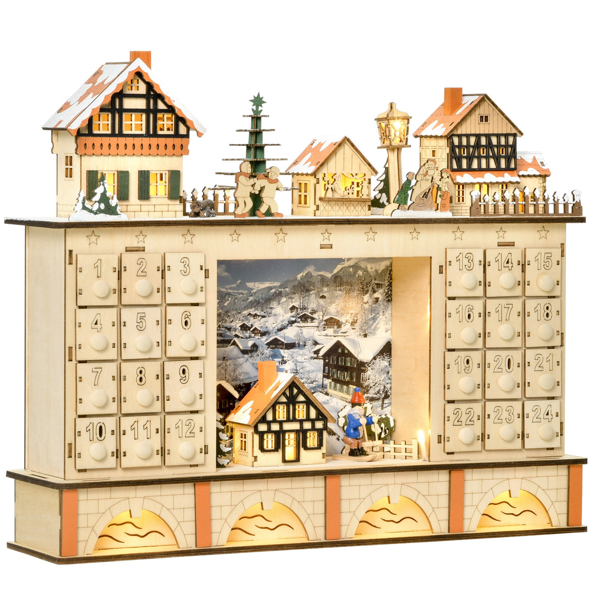 Advent Calendar Wooden with 24 Drawers in a Village Scene