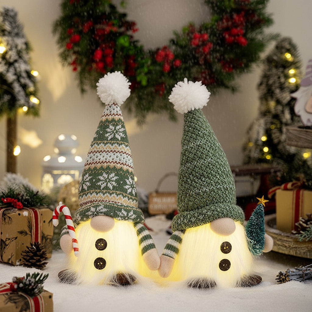 Christmas Lights Gnome Pair Knitted with a Soft Glow