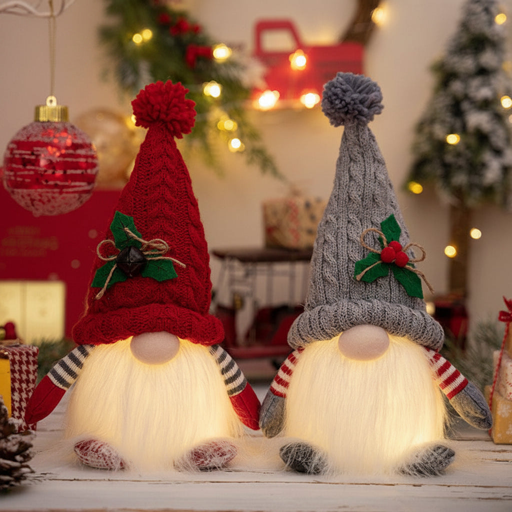 Christmas Lights Gnome Pair Knitted with a Soft Glow
