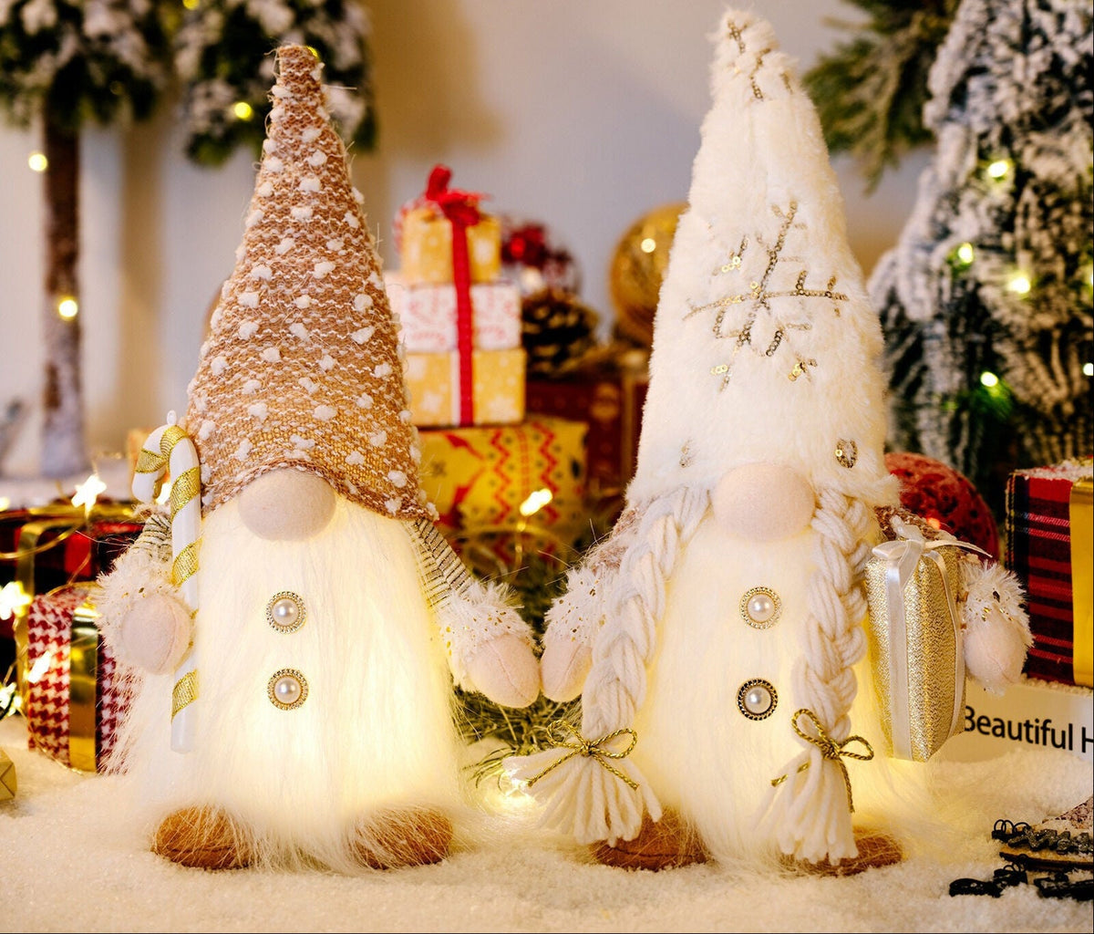 Christmas Lights Gnome Plush with a Tall Knitted Hat