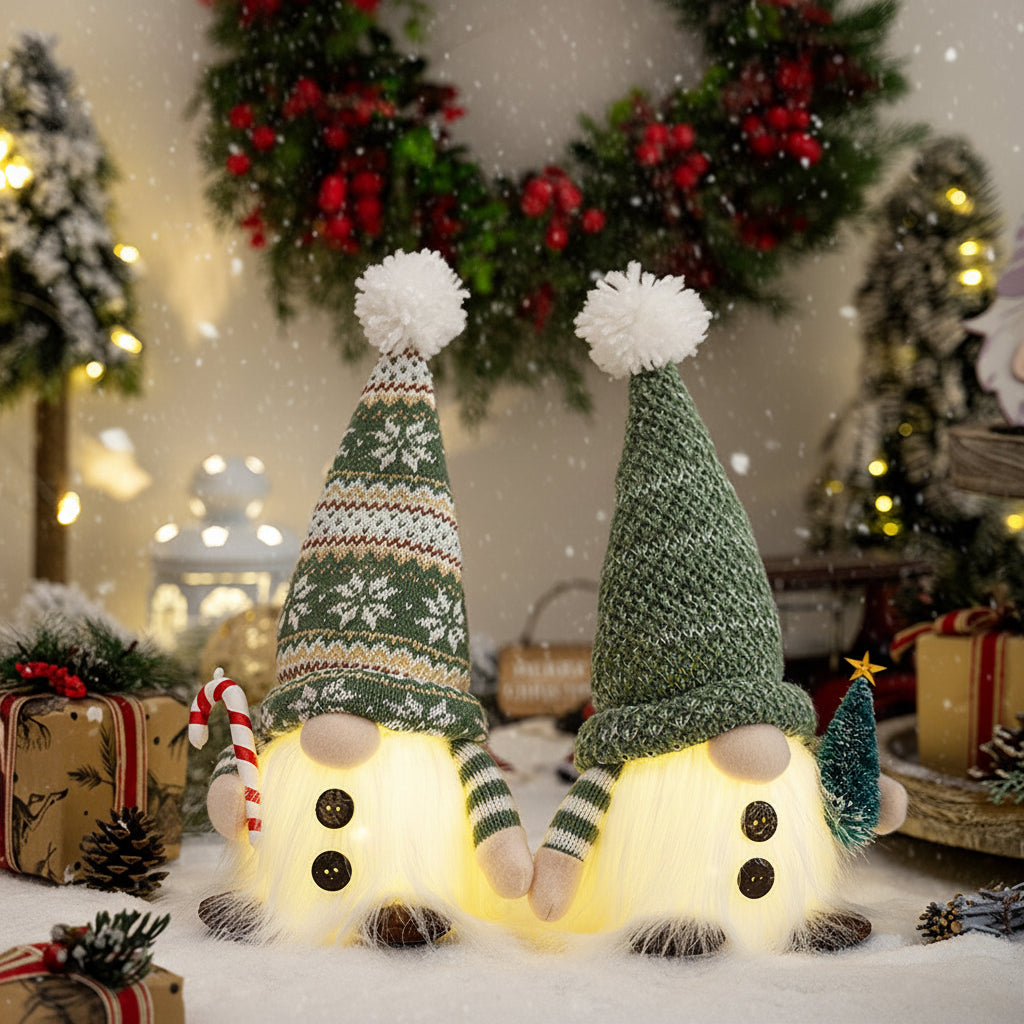 Christmas Lights Gnome Plush with a Tall Knitted Hat